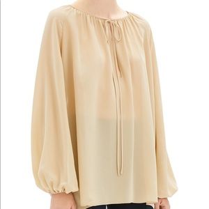 Theory Pale Oat Peasant Gathered 100% Silk Top